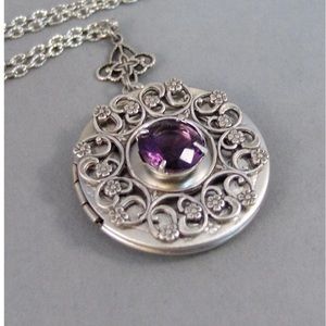 Amethyst Locket February Birthstone purple silver necklace pendant vintage anti